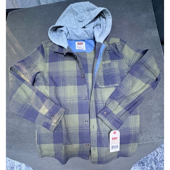 Levi's Other - Levi's Boys Hooded Plaid Flannel Shirt Jacket NWT Size Large 12-13 Green Blue